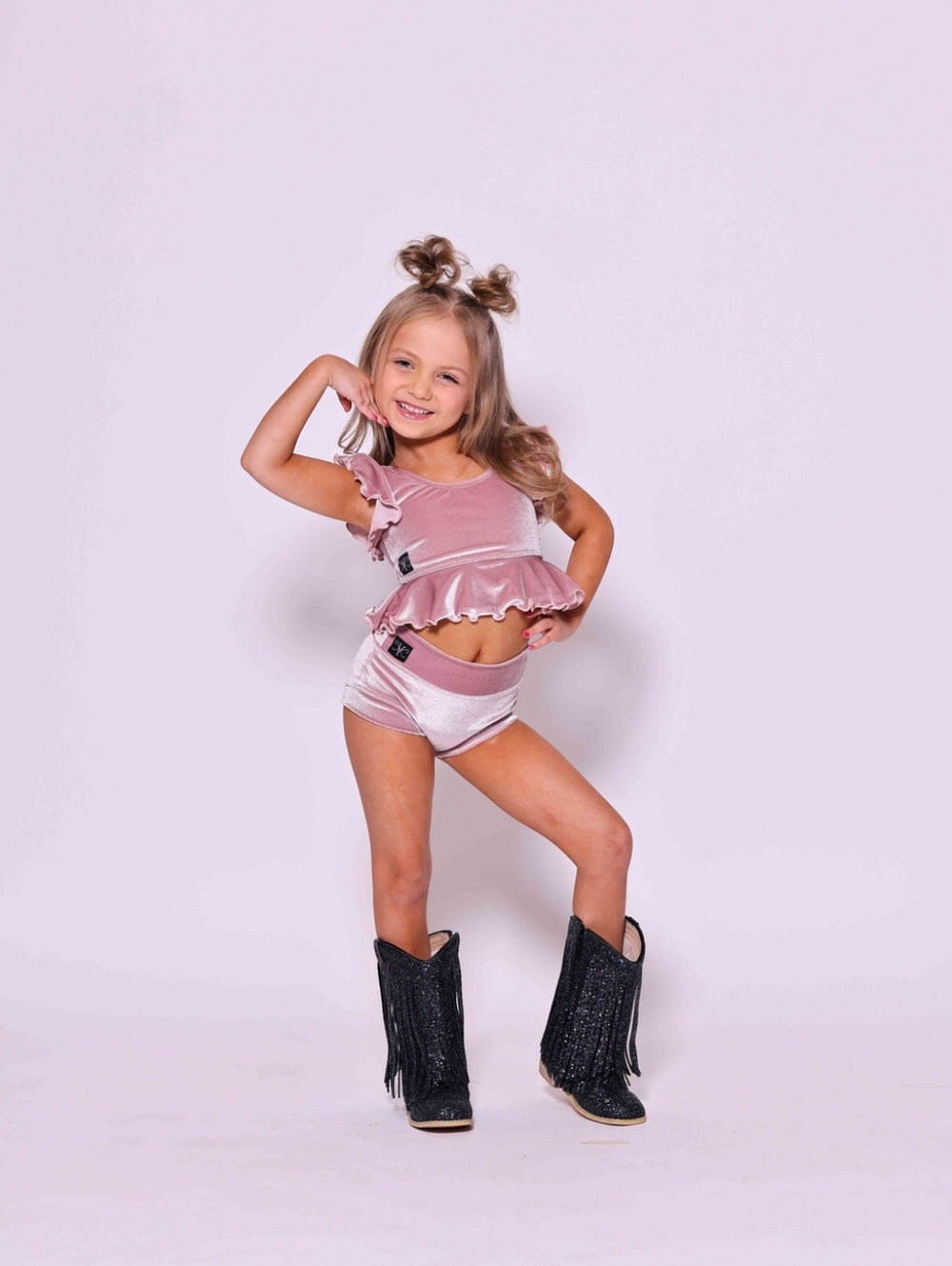 Kandi Kouture Girls' Pink Velvet Ruffle Dance Leo Top and Brief Set